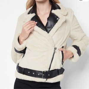 Express faux fur white and black moto jacket worn once Sz XS